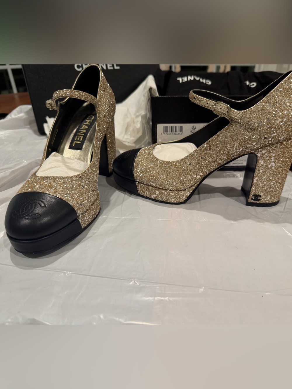 CHANEL Gold Glitter Mary Jane Heels - Black Cap Toe & Platform WORN ONCE size 37